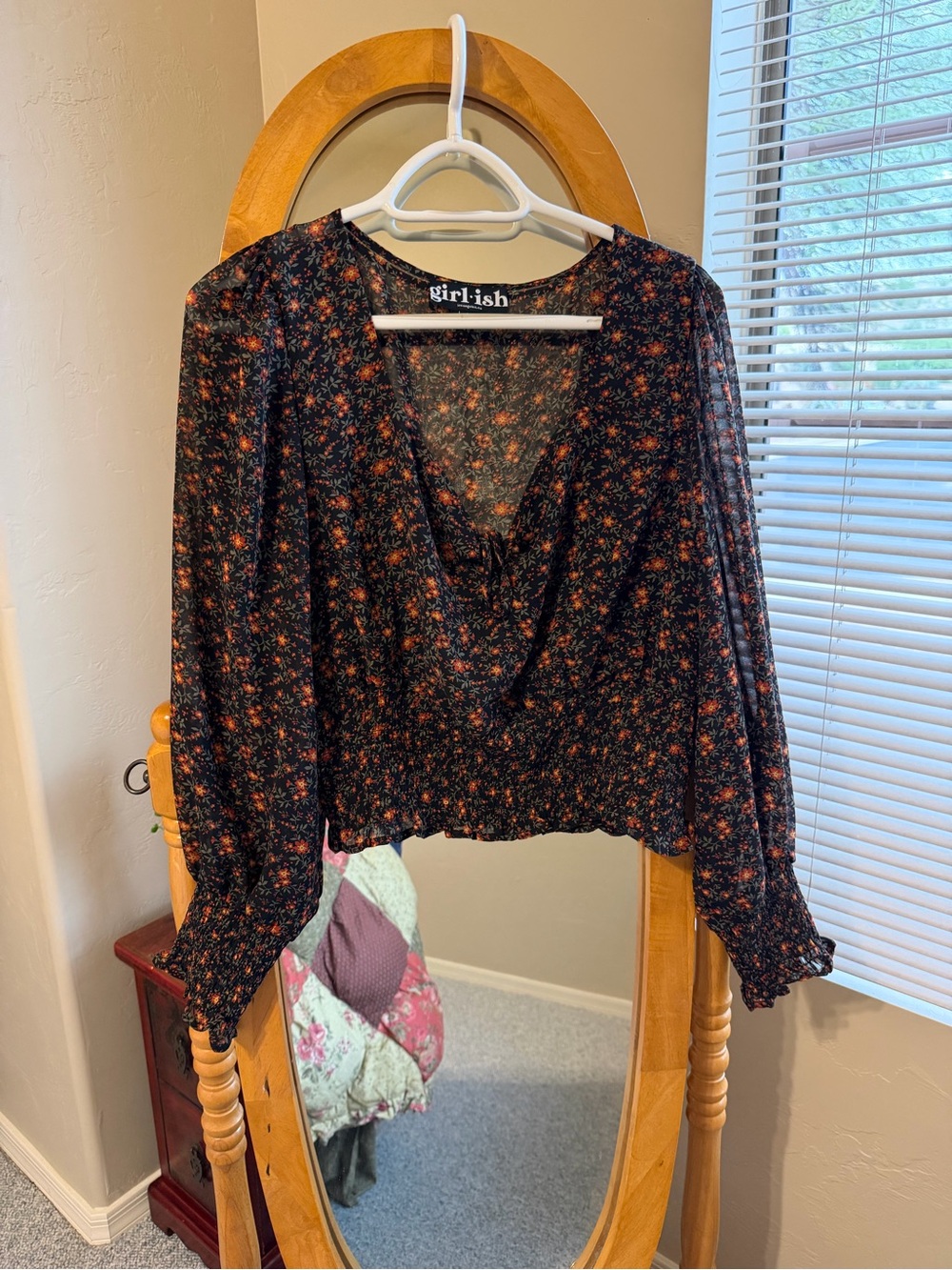 Black Floral V-Neck Smocked Waist Blouse